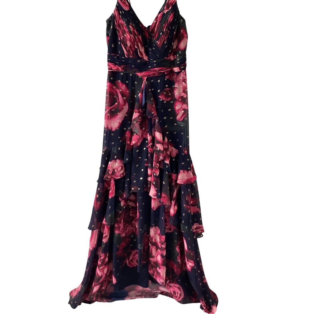 Xscape Women's Gown Dress 8 Navy Floral Pink Gold Metallic Tiered‎ Ruffle Formal